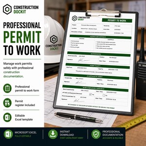 May include: A black clipboard holding a white Permit to Work document with green headers and text, featuring sections for project details, hazards, authorization, and completion. A black pen, a white hard hat, and a radio are visible nearby.