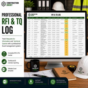 May include: A computer monitor displaying a professional RFI & TQ log spreadsheet with columns for tracking construction project queries. The screen shows data rows, status indicators, and the Construction Dockit logo in the top left corner.