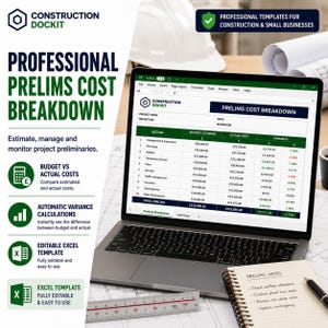 May include: A laptop screen displays a Construction Dockit professional prelims cost breakdown spreadsheet with columns for budget, actual cost, and variance. The interface includes project name, date, and estimator fields, alongside a list of ten construction sections.