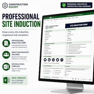Può includere: Uno schermo digitale mostra un modello di modulo di induzione al sito professionale Construction Dockit. Il documento include sezioni per i dettagli del progetto, le informazioni sull'indotto, le procedure di emergenza e le regole del sito.
