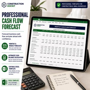 Puede incluir: Una tableta digital que muestra una hoja de cálculo profesional de previsión de flujo de caja con columnas para 12 meses. La pantalla muestra el logotipo de Construction Dockit, datos financieros y filas de ingresos y gastos. Una calculadora negra y un cuaderno de espiral con un bolígrafo están cerca.