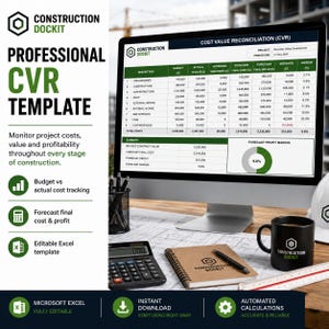 May include: A digital Cost Value Reconciliation template displayed on a computer monitor, featuring a spreadsheet with columns for budget, actual costs, and forecast margins. The setup includes a calculator, a spiral notebook, and a black mug.