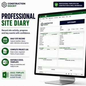 Puede incluir: Una plantilla digital de diario de obra para construcción y pequeñas empresas mostrada en un monitor. El documento incluye secciones para mano de obra, maquinaria, entregas, trabajos realizados, notas y campos de firma.
