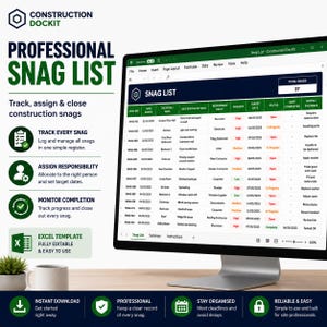May include: A computer monitor displays a professional snag list spreadsheet template by Construction Dockit. The screen shows columns for snag reference, date, location, description, responsible party, priority, target date, status, and completion.
