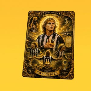 Può includere: Una carta commemorativa rettangolare con un collage dai toni dorati del calciatore Pavel Nedved. Il design include diverse immagini del giocatore con la maglia della Juventus, trofei e il testo Pavel Nedved, Il Guerriero Biondo e Pallone d'Oro 2003.