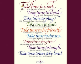 Take Time 11x14 Calligraphy Print, inspirational quote, wall art, words to live by