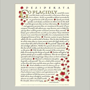 Desiderata poem, 8x10 Desiderata print, go placidly, Max Ehrmann, inspirational print Red roses/gray mat