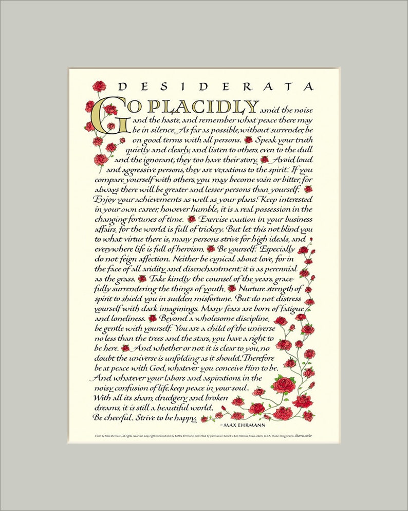 Desiderata poem, 8x10 Desiderata print, go placidly, Max Ehrmann, inspirational print Red roses/gray mat