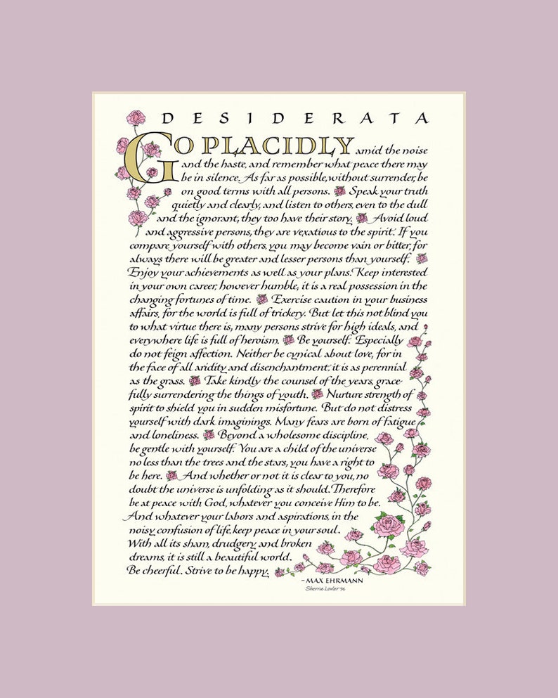 Desiderata poem, 8x10 Desiderata print, go placidly, Max Ehrmann, inspirational print Pink