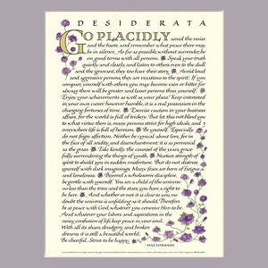 Desiderata poem, 8x10 Desiderata print, go placidly, Max Ehrmann, inspirational print Purple