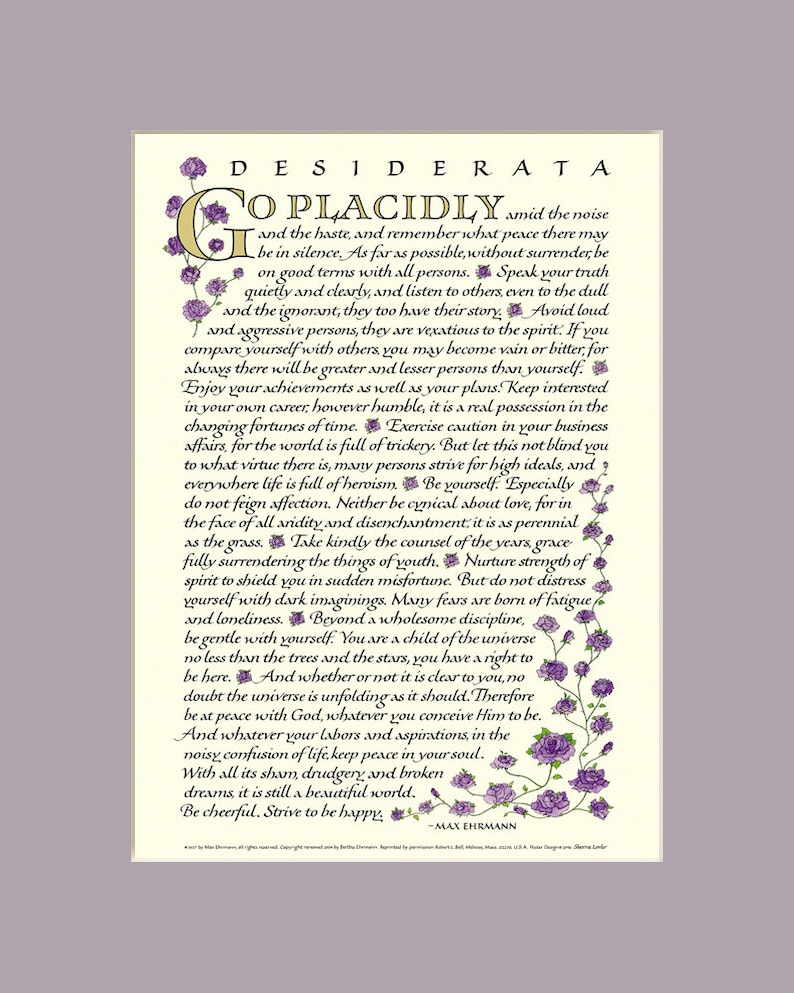 Desiderata poem, 8x10 Desiderata print, go placidly, Max Ehrmann, inspirational print Purple