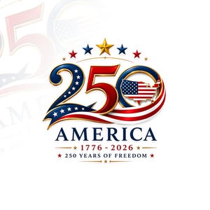 May include: A graphic logo for the 250th anniversary of America featuring the number 250 in red, white, and blue with a map of the United States inside the zero. The text reads AMERICA 1776 - 2026 and 250 YEARS OF FREEDOM with gold stars.