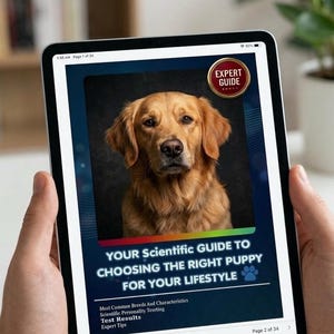 Może przedstawiać: Cyfrowy tablet wyświetlający okładkę e-booka zatytułowaną YOUR SCIENTIFIC GUIDE TO CHOOSING THE RIGHT PUPPY FOR YOUR LIFESTYLE. Okładka zawiera portret golden retrievera, odznakę EXPERT GUIDE oraz tekst z wynikami testów i poradami.