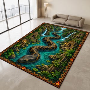 Tapete 3D de Cobra Gigante, Tapete Fantástico com Rio na Selva, Decoração Épica de Píton, Lavável e Antiderrapante com Molas