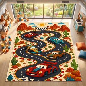 May include: A rectangular area rug featuring a desert racetrack scene with a winding black road, red and white curbing, and cartoon race cars in red, blue, yellow, and brown. The background includes red rock formations, green cacti, and a sun.