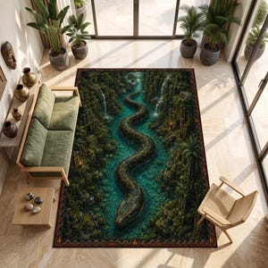 May include: A rectangular area rug featuring a detailed 3D-style illustration of a large snake winding through a lush, green jungle river landscape. The design includes cascading waterfalls, ancient stone ruins, and dense tropical foliage.