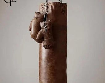 Vintage Cowhide Leather Punching Bag | Handmade Heavy Bag for Boxing, MMA Training