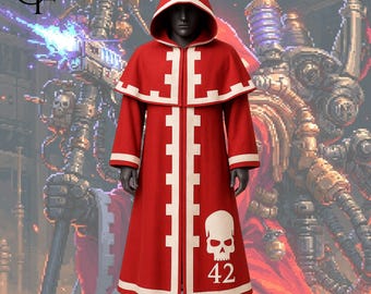 Tech Priest Cosplay - Adeptus Mechanicus Inspired Warhammer 40k Costume - Red Velvet Sci-Fi Monk Tunic
