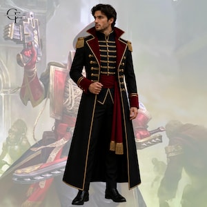 May include: A long black military-style coat featuring a high collar, gold buttons, gold epaulets, and deep red cuffs. The coat is worn over a matching black jacket with gold trim, a dark red sash with fringe, and black trousers with black shoes.