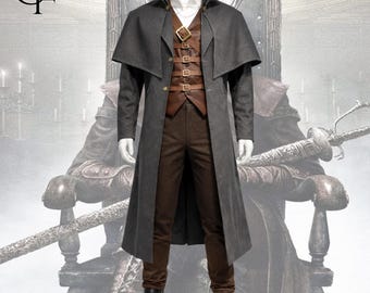 Costume da cacciatore di Bloodborne per cosplay, completo gotico vittoriano con mantello di lana e giacca di pelle.