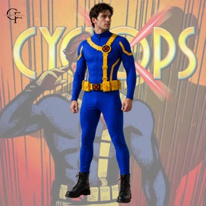 Disfraz de Cíclope de X-Men, traje de cosplay / Traje azul y amarillo de Scott Summers con arnés / Marvel Halloween