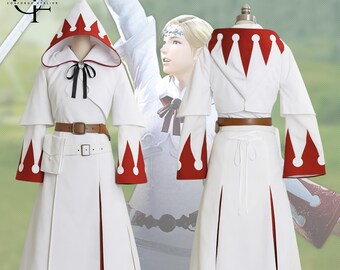 Final Fantasy White Mage Cosplay Tunic Dress, Cotton Healer Robe, Leather Belt Pouch
