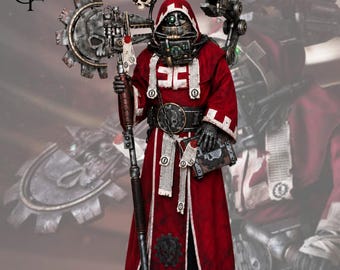 Warhammer 40K Tech Priest Dominus Canvas Cotton Hooded Robe, Adeptus Mechanicus Red with Cogwheel Stole