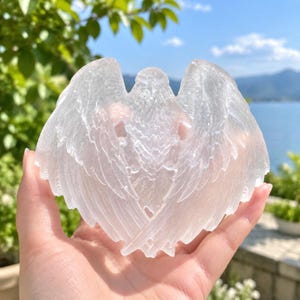 May include: A translucent, white, carved selenite crystal shaped like an eagle with its wings spread wide. The carving features detailed feather textures across the wings and body, creating a symmetrical, winged avian form with a smooth finish.