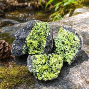May include: Three raw mineral specimens featuring a dark grey, rough exterior and a vibrant, crystalline interior composed of bright lime green and black granular clusters. The stones display a jagged, natural texture with exposed mineral formations.