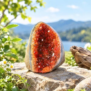 Puede incluir: Una geoda grande y vertical con un centro hueco lleno de estructuras cristalinas de color naranja intenso y rojo. El borde exterior de la piedra es una formación rocosa lisa de color gris parduzco que contrasta con los cristales interiores.