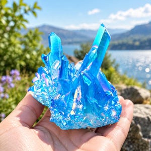 以下が含まれることがあります： 鮮やかなブルーのオーラ水晶クラスターで、金属的で虹色の光沢を持つ複数の鋭く尖った先端が特徴です。この鉱物標本は深いシアンの色合いを見せ、光を反射する表面が光を捉え、ギザギザとした結晶構造全体に輝く多面的な外観を作り出しています。