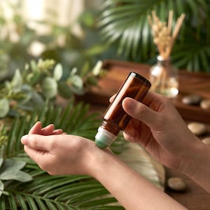 Pode incluir: Um pequeno frasco de vidro âmbar com um aplicador de esfera de pedra preciosa verde. O frasco cilíndrico apresenta um acabamento liso castanho escuro e uma esfera de pedra verde translúcida no topo, concebida para a aplicação de líquidos.