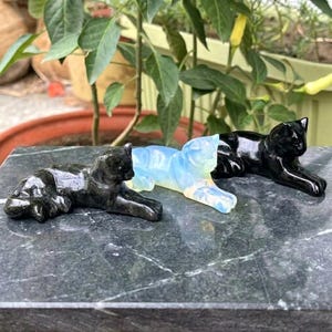 Könnte beinhalten: Drei kleine Katzenfiguren aus Stein sind in einer Reihe angeordnet. Die linke Katze ist dunkelgrau mit einer gesprenkelten Textur, die mittlere Katze ist durchscheinend weiß mit blauem Schimmer und die rechte Katze ist tiefschwarz und glatt.