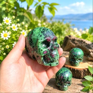 May include: A carved stone skull made of green zoisite with embedded magenta ruby inclusions. The skull features detailed eye sockets, a nasal cavity, and a defined jawline. The surface is polished and smooth, showcasing the natural mineral pattern.