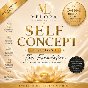 May include: A gold-toned digital product cover titled Velora Mindset Lab Self Concept Edition I The Foundation. It features a central lotus flower graphic, a 3-in-1 bundle badge, and text detailing a planner, habit tracker, and worksheets.