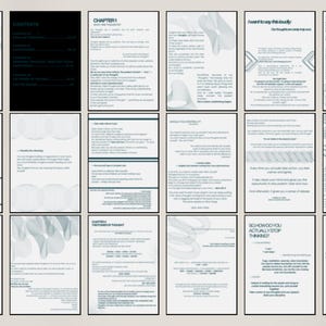 Puede incluir: Un dise&ntilde;o de documento digital que presenta veinticuatro p&aacute;ginas de texto y gr&aacute;ficos abstractos. Las p&aacute;ginas contienen encabezados como Overthinking, Chapter 1, How to Control It y Why Does Meditation Help With This, junto con im&aacute;genes de una persona meditando.
