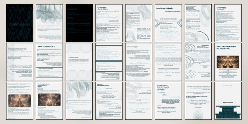 Puede incluir: Un dise&ntilde;o de documento digital que presenta veinticuatro p&aacute;ginas de texto y gr&aacute;ficos abstractos. Las p&aacute;ginas contienen encabezados como Overthinking, Chapter 1, How to Control It y Why Does Meditation Help With This, junto con im&aacute;genes de una persona meditando.