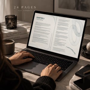 Puede incluir: Una pantalla de port&aacute;til que muestra un documento digital titulado Chapter 2 Overthinking de 24 p&aacute;ginas en formato PDF. El documento presenta texto y gr&aacute;ficos de l&iacute;neas circulares abstractas con la frase A never-ending cycle a la derecha.