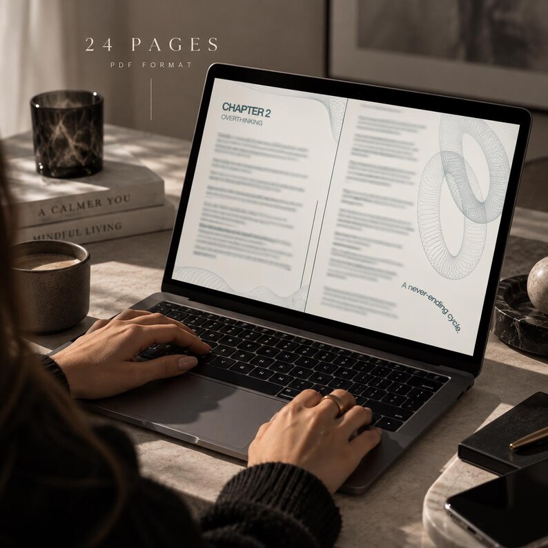 Puede incluir: Una pantalla de port&aacute;til que muestra un documento digital titulado Chapter 2 Overthinking de 24 p&aacute;ginas en formato PDF. El documento presenta texto y gr&aacute;ficos de l&iacute;neas circulares abstractas con la frase A never-ending cycle a la derecha.