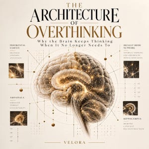 Può includere: Un poster intitolato The Architecture of Overthinking: Why the Brain Keeps Thinking When It No Longer Needs To. Presenta un'illustrazione centrale di un cervello umano luminoso con linee che collegano a caselle di testo per la corteccia prefrontale, l'amigdala, il default mode network e l'ippocampo.