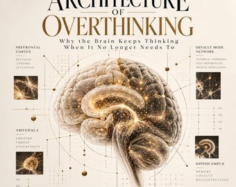 Puede incluir: Un póster titulado The Architecture of Overthinking: Why the Brain Keeps Thinking When It No Longer Needs To. Presenta una ilustración central de un cerebro humano brillante con líneas que conectan a cuadros de texto para la corteza prefrontal, la amígdala, la red neuronal por defecto y el hipocampo.