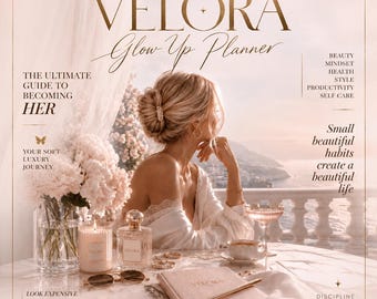 Puede incluir: Una guía de bolsillo de lujo titulada Velora Glow Up Planner con una portada de tonos suaves con texto, un jarrón de flores blancas, una vela, un frasco de perfume, gafas de sol, un cuaderno y un bolígrafo sobre un balcón costero.