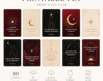 Puede incluir: Un conjunto de diez tarjetas de afirmación rectangulares con arte lineal dorado celestial y floral sobre fondos rojo oscuro, negro y crema. Cada tarjeta muestra un texto único, como I AM SOFT, POWERFUL, AND MAGNETIC, y la marca VELORA.