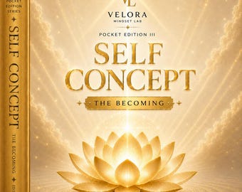 Puede incluir: Una portada de libro en tono dorado titulada "Self Concept: The Becoming" de la serie Pocket Edition III de Velora Mindset Lab. El diseño presenta una flor de loto brillante en la parte inferior y el texto "Now become the light you once searched for."