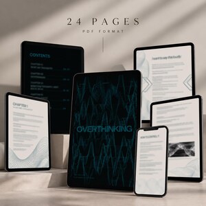 Puede incluir: Un documento digital titulado Overthinking, que consta de 24 p&aacute;ginas en formato PDF, mostrado en varias pantallas de tabletas y tel&eacute;fonos inteligentes. Las pantallas muestran texto, t&iacute;tulos de cap&iacute;tulos y patrones de ondas azules abstractas.