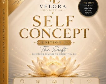 Puede incluir: Una portada de libro en color dorado y crema titulada Self Concept Edition II The Shift de Velora Mindset Lab. El diseño presenta un gráfico central de flor de loto, tipografía elegante y cinco iconos que representan estrategias y hábitos.