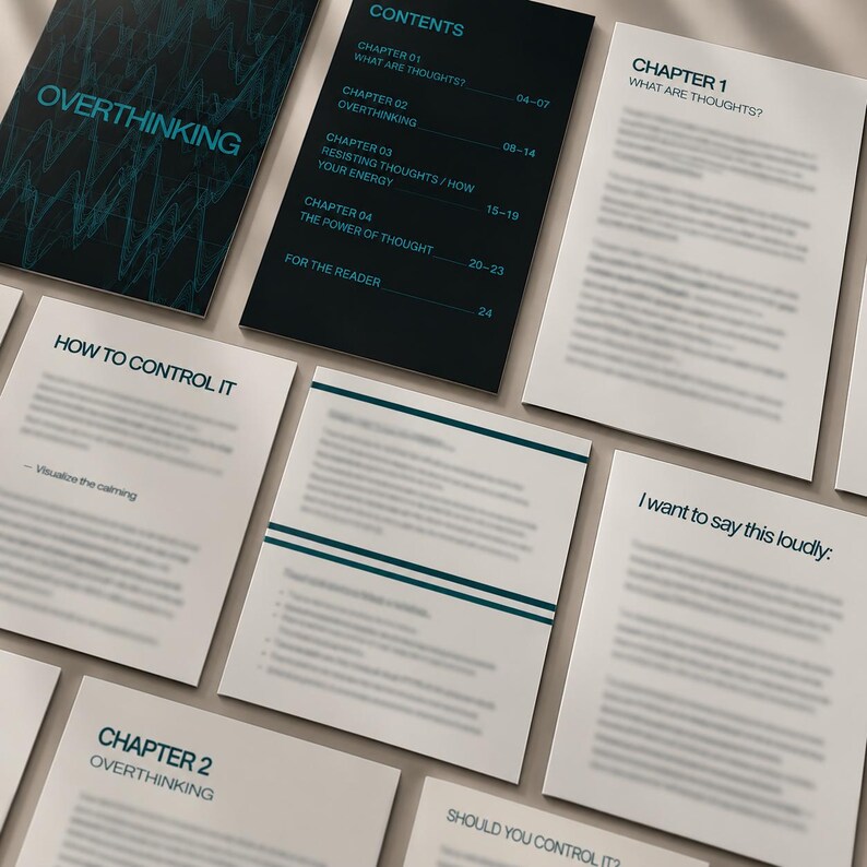 Puede incluir: Una colecci&oacute;n de p&aacute;ginas de documentos impresos con el t&iacute;tulo OVERTHINKING en azul cerceta sobre un fondo oscuro, una p&aacute;gina de contenido que enumera cap&iacute;tulos y varias p&aacute;ginas de texto con encabezados como HOW TO CONTROL IT y I want to say this loudly.