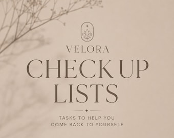 Puede incluir: Un gráfico digital beige con el texto VELORA CHECK UP LISTS y TASKS TO HELP YOU COME BACK TO YOURSELF. Sobre el texto hay un icono ovalado de líneas finas que contiene una flor de loto y una pequeña estrella. Se ve la sombra de una planta.