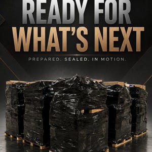 Könnte beinhalten: Fünf Holzpaletten beladen mit Waren, die in schwarze Kunststofffolie eingewickelt sind. Der Text READY FOR WHAT'S NEXT und PREPARED. SEALED. IN MOTION. erscheint in großen, metallischen Buchstaben vor einem dunklen, kantigen Hintergrund.