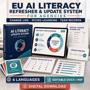 May include: A digital kit titled EU AI Literacy Refresher & Update System for Agencies, featuring a blue binder, a tablet displaying a quarterly update dashboard, an annual refresher plan, team completion records, and micro-learning cards.